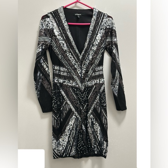 Express Dresses & Skirts - Like NEW Express sequin sheer dress size Small
Black Grey Silver
